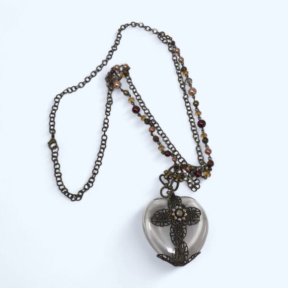 Vintage Jewelry - Vintage Filigree Cross Heart Necklace Pendant Clear Acrylic Beaded Chain